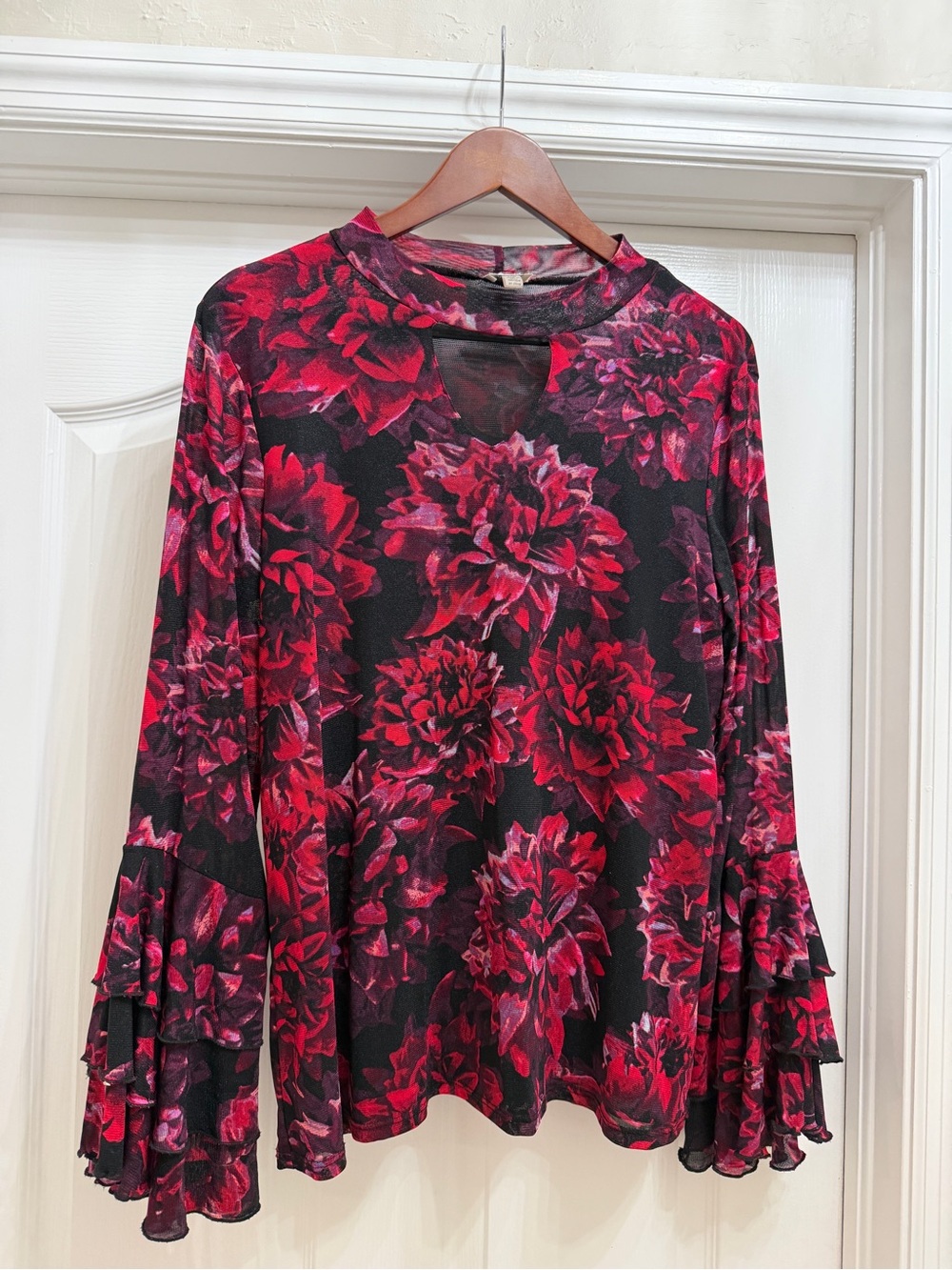 Cupio Black Long-Sleeve Top with Red Floral Ruffles
